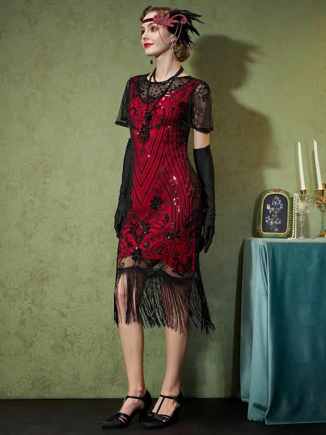 SWEETV Women's Flapper Dresses 1920s Dresses for Women,Crew Neck Great Gatsby Dresses with Sleeve-Roaring 20s Costumes