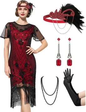 SWEETV Women's Flapper Dresses 1920s Dresses for Women,Crew Neck Great Gatsby Dresses with Sleeve-Roaring 20s Costumes