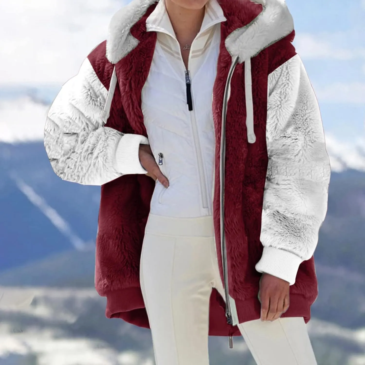 Teddy Bear Jacket for Women Plus Size Fuzzy Winter Coats Color Block Hooded Sherpa Fleece Jacket Outerwear