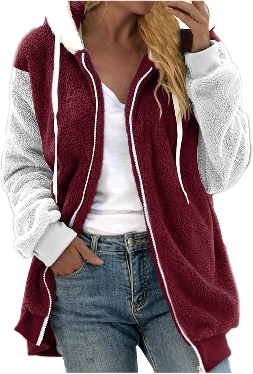 Teddy Bear Jacket for Women Plus Size Fuzzy Winter Coats Color Block Hooded Sherpa Fleece Jacket Outerwear