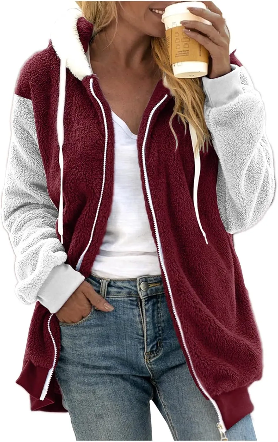 Teddy Bear Jacket for Women Plus Size Fuzzy Winter Coats Color Block Hooded Sherpa Fleece Jacket Outerwear