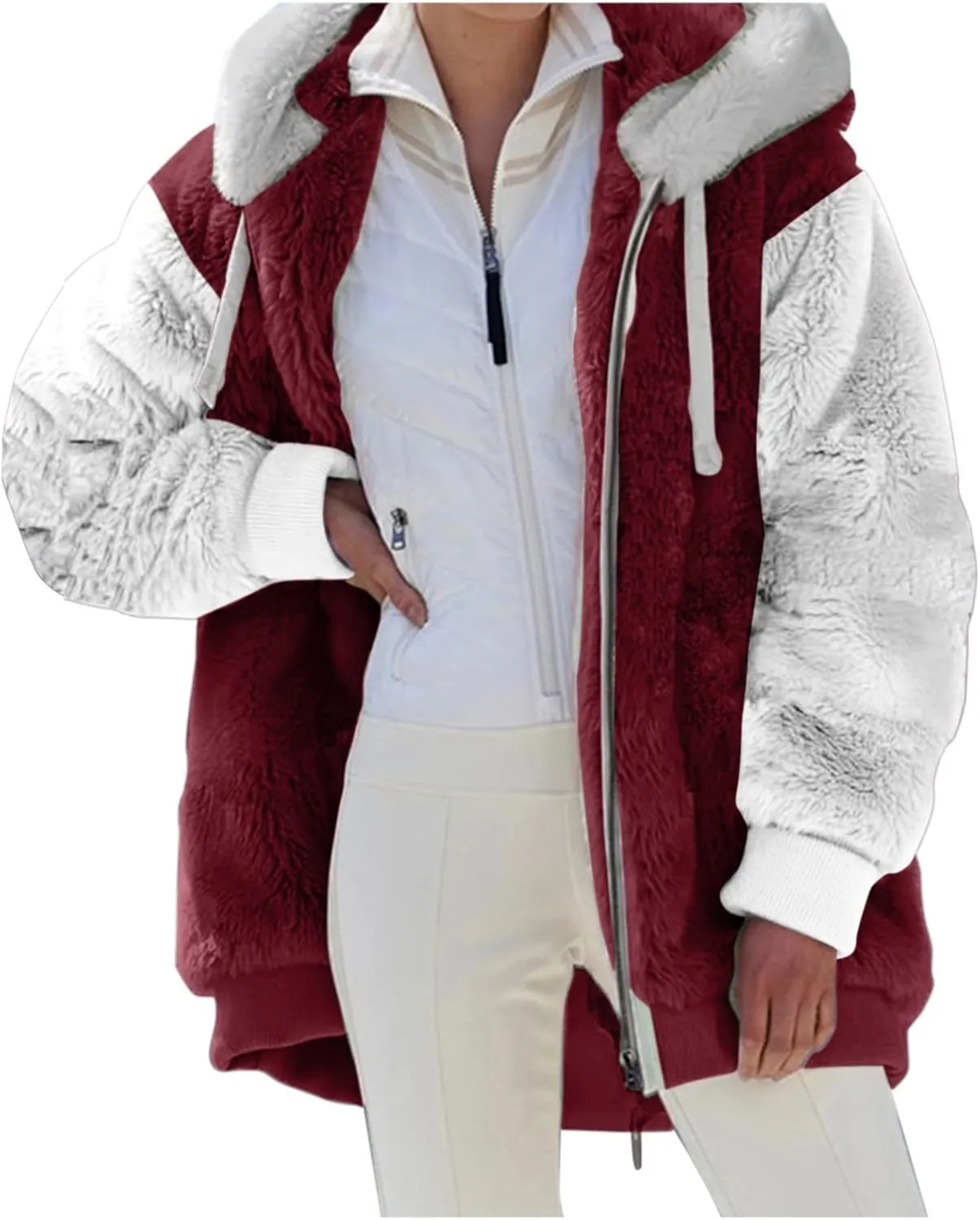 Teddy Bear Jacket for Women Plus Size Fuzzy Winter Coats Color Block Hooded Sherpa Fleece Jacket Outerwear