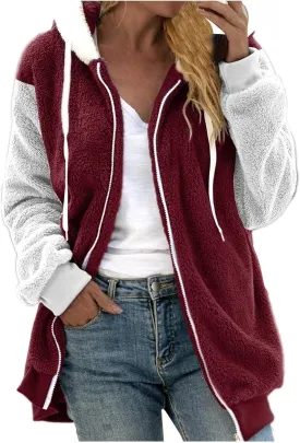 Teddy Bear Jacket for Women Plus Size Fuzzy Winter Coats Color Block Hooded Sherpa Fleece Jacket Outerwear