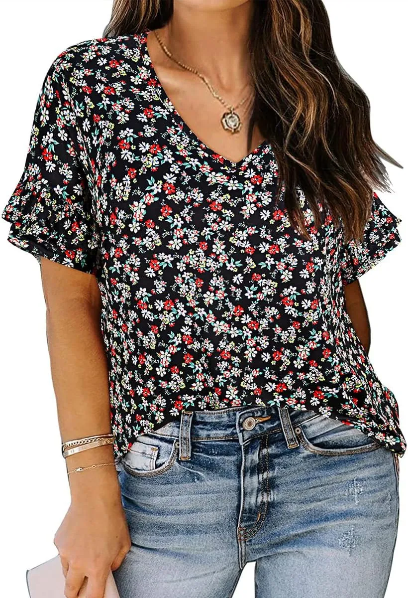 TIYOMI Plus Size Tops for Women Ruffle Shirts Button Short Sleeve Summer V Neck Tunics XL-5XL