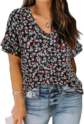 TIYOMI Plus Size Tops for Women Ruffle Shirts Button Short Sleeve Summer V Neck Tunics XL-5XL