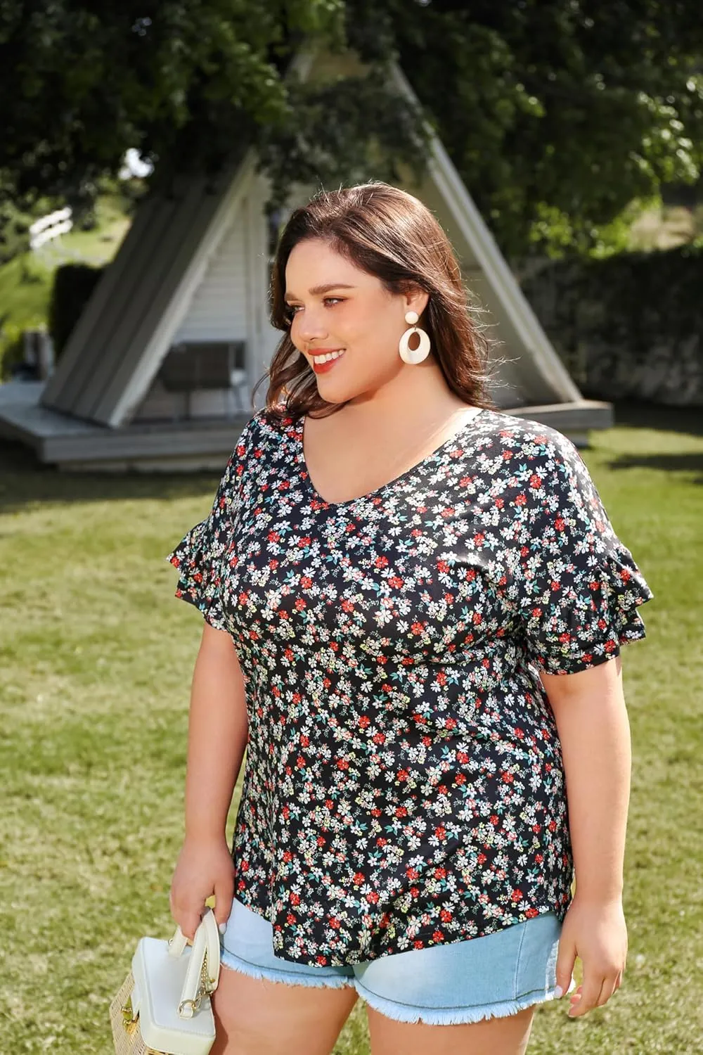TIYOMI Plus Size Tops for Women Ruffle Shirts Button Short Sleeve Summer V Neck Tunics XL-5XL