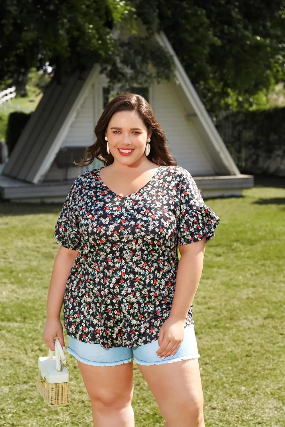 TIYOMI Plus Size Tops for Women Ruffle Shirts Button Short Sleeve Summer V Neck Tunics XL-5XL