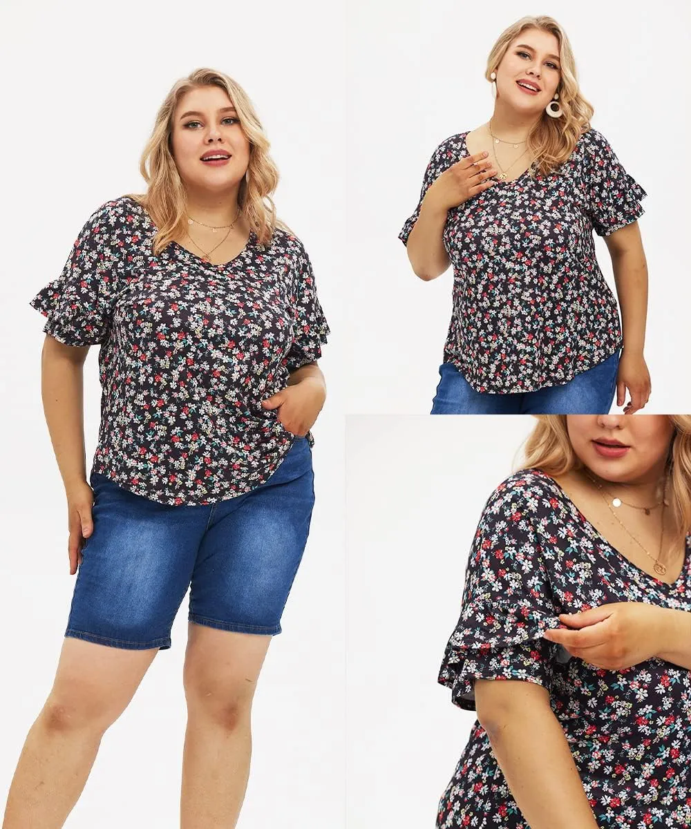 TIYOMI Plus Size Tops for Women Ruffle Shirts Button Short Sleeve Summer V Neck Tunics XL-5XL