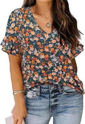 TIYOMI Plus Size Tops for Women Ruffle Shirts Button Short Sleeve Summer V Neck Tunics XL-5XL