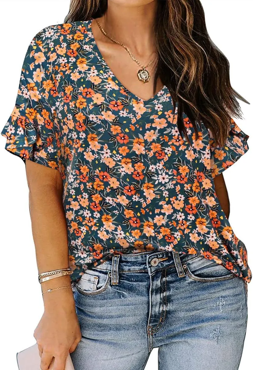 TIYOMI Plus Size Tops for Women Ruffle Shirts Button Short Sleeve Summer V Neck Tunics XL-5XL