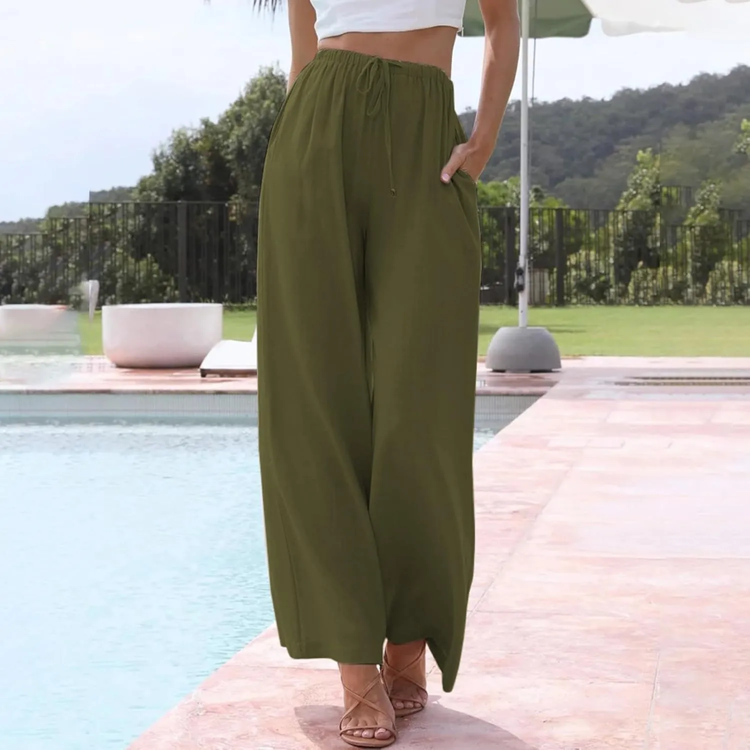 Wide Leg Linen Flowy Pants Women Palazzo Beach Casual Loose Trousers Drawstring Boho Summer Pants with Pockets