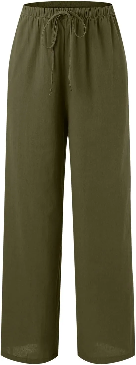 Wide Leg Linen Flowy Pants Women Palazzo Beach Casual Loose Trousers Drawstring Boho Summer Pants with Pockets