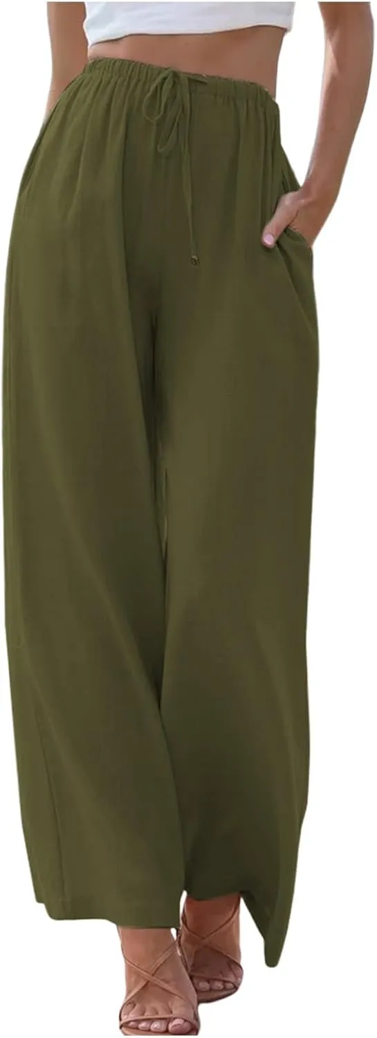 Wide Leg Linen Flowy Pants Women Palazzo Beach Casual Loose Trousers Drawstring Boho Summer Pants with Pockets