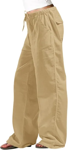 Wide Leg Pants for Women Plus Size Baggy Drawstring Long Cotton Linen Pants Summer Lounge Trousers with Pocket