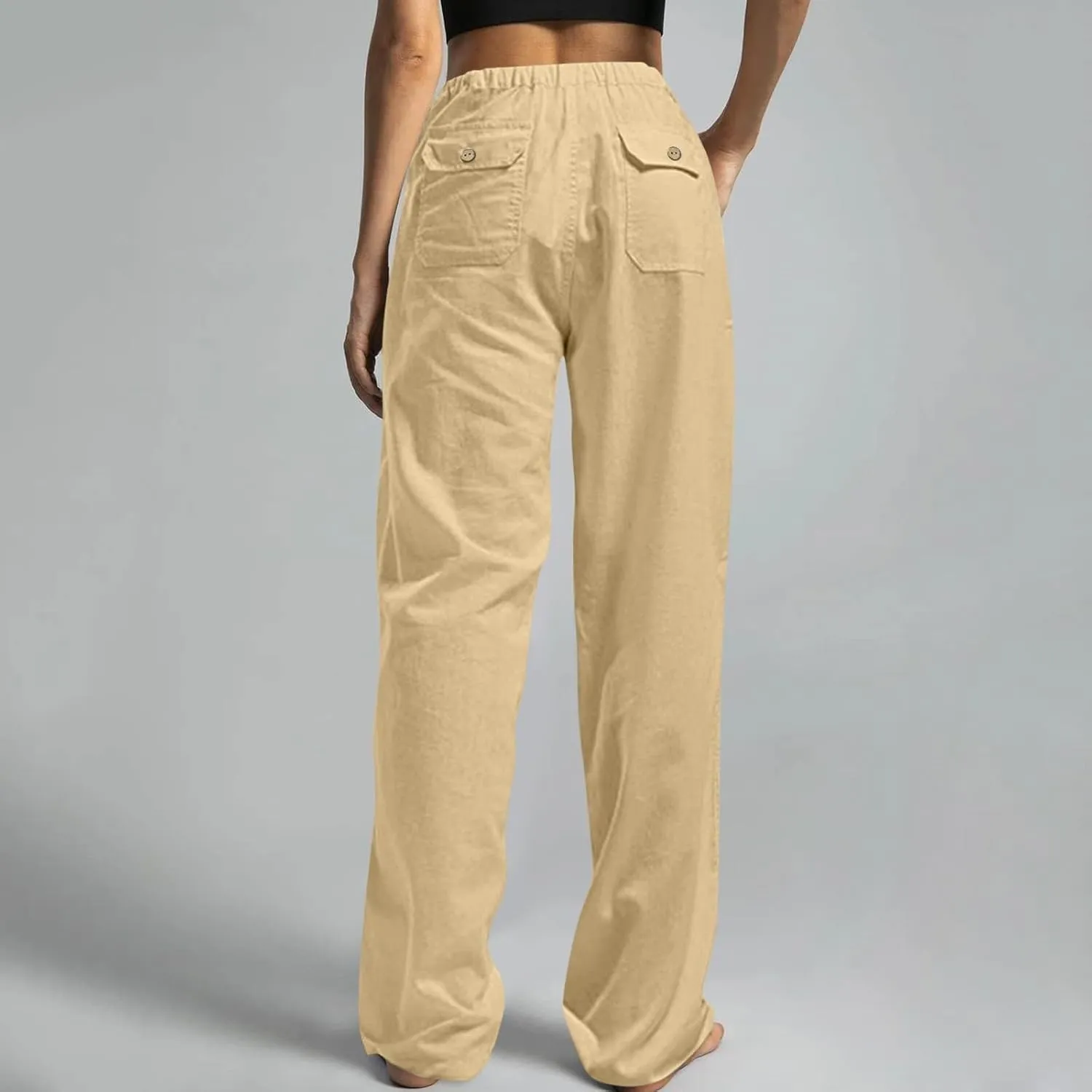 Wide Leg Pants for Women Plus Size Baggy Drawstring Long Cotton Linen Pants Summer Lounge Trousers with Pocket