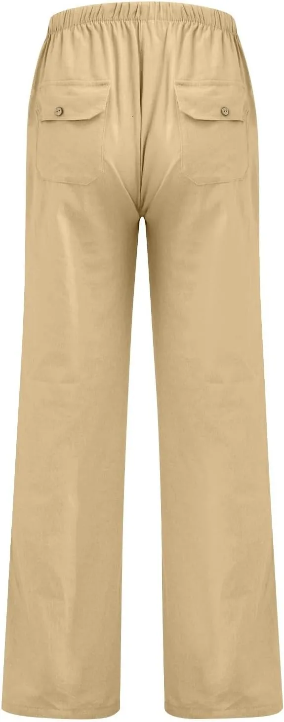 Wide Leg Pants for Women Plus Size Baggy Drawstring Long Cotton Linen Pants Summer Lounge Trousers with Pocket