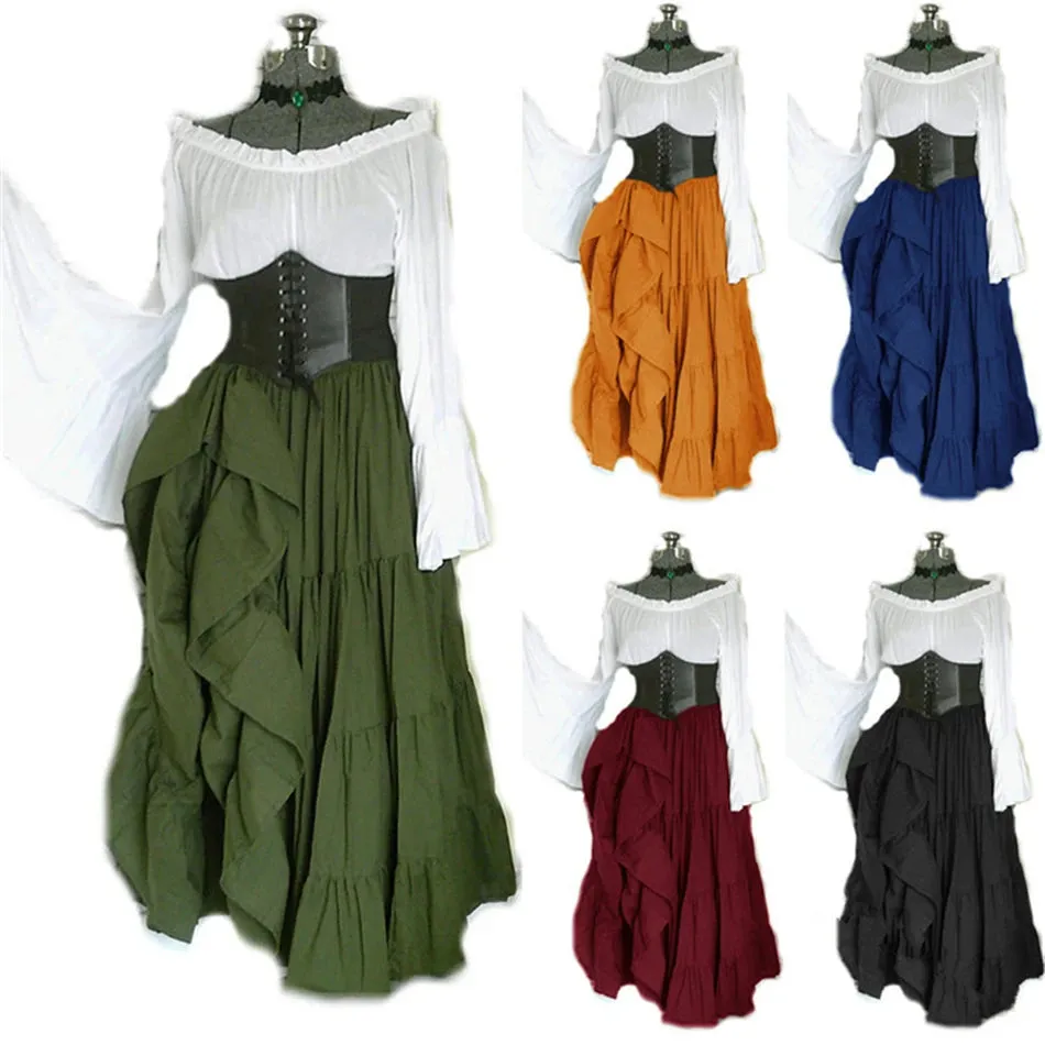 Women Court Retro Corset Maxi Flared Sleeves Vintage Vestido Viking Dress