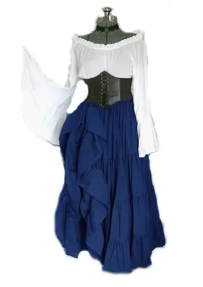 Women Court Retro Corset Maxi Flared Sleeves Vintage Vestido Viking Dress