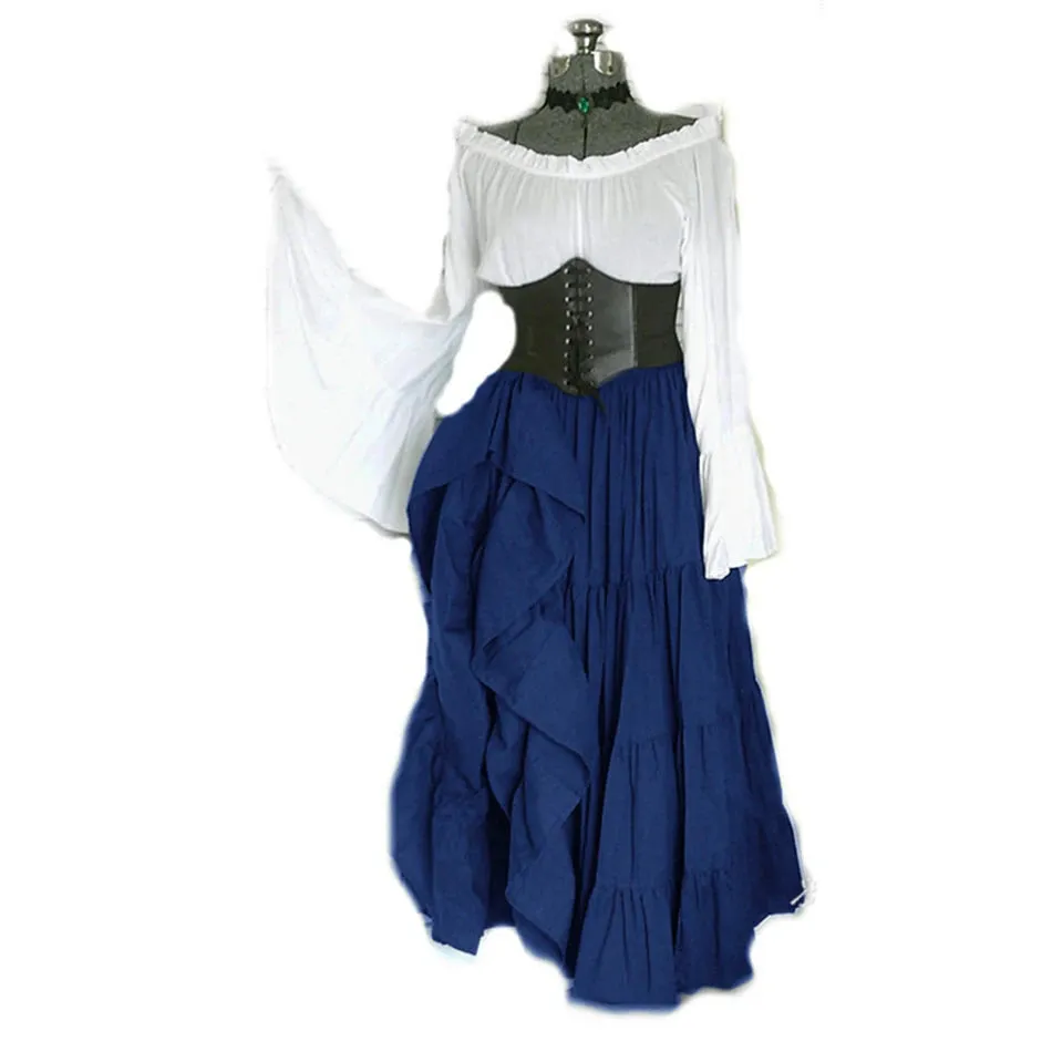 Women Court Retro Corset Maxi Flared Sleeves Vintage Vestido Viking Dress