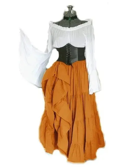 Women Court Retro Corset Maxi Flared Sleeves Vintage Vestido Viking Dress