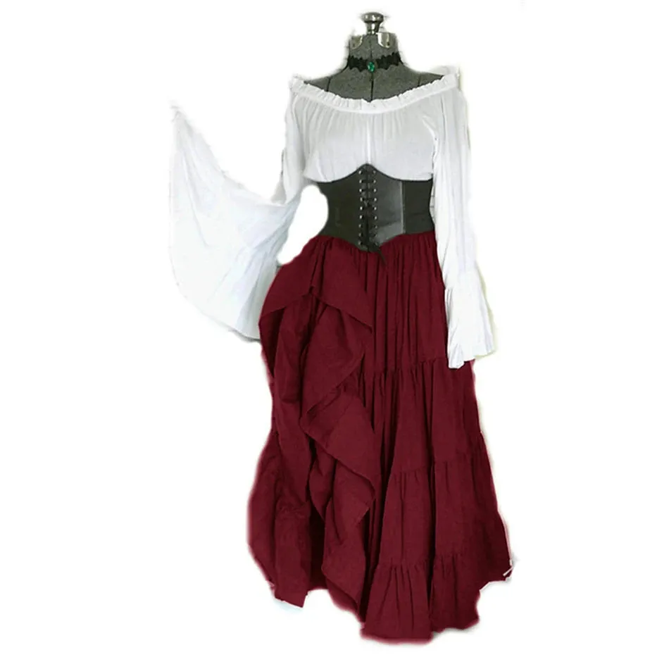 Women Court Retro Corset Maxi Flared Sleeves Vintage Vestido Viking Dress