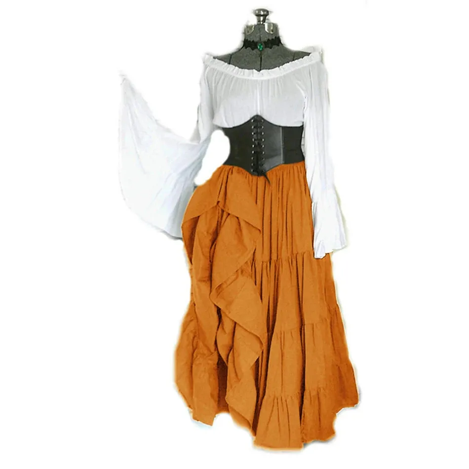 Women Court Retro Corset Maxi Flared Sleeves Vintage Vestido Viking Dress