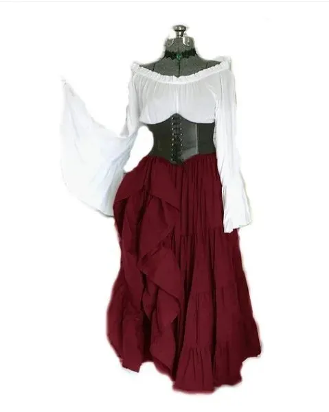 Women Court Retro Corset Maxi Flared Sleeves Vintage Vestido Viking Dress