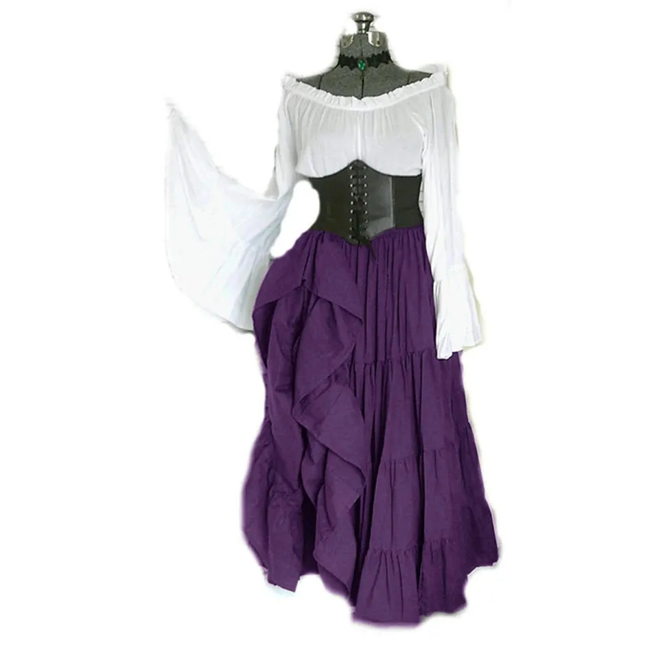 Women Court Retro Corset Maxi Flared Sleeves Vintage Vestido Viking Dress
