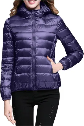 Women Down Jackets Casual Warm Lightweight Hooded Windproof Trendy Slim Fit Quilted Winter Coat Outerwear with Pocket