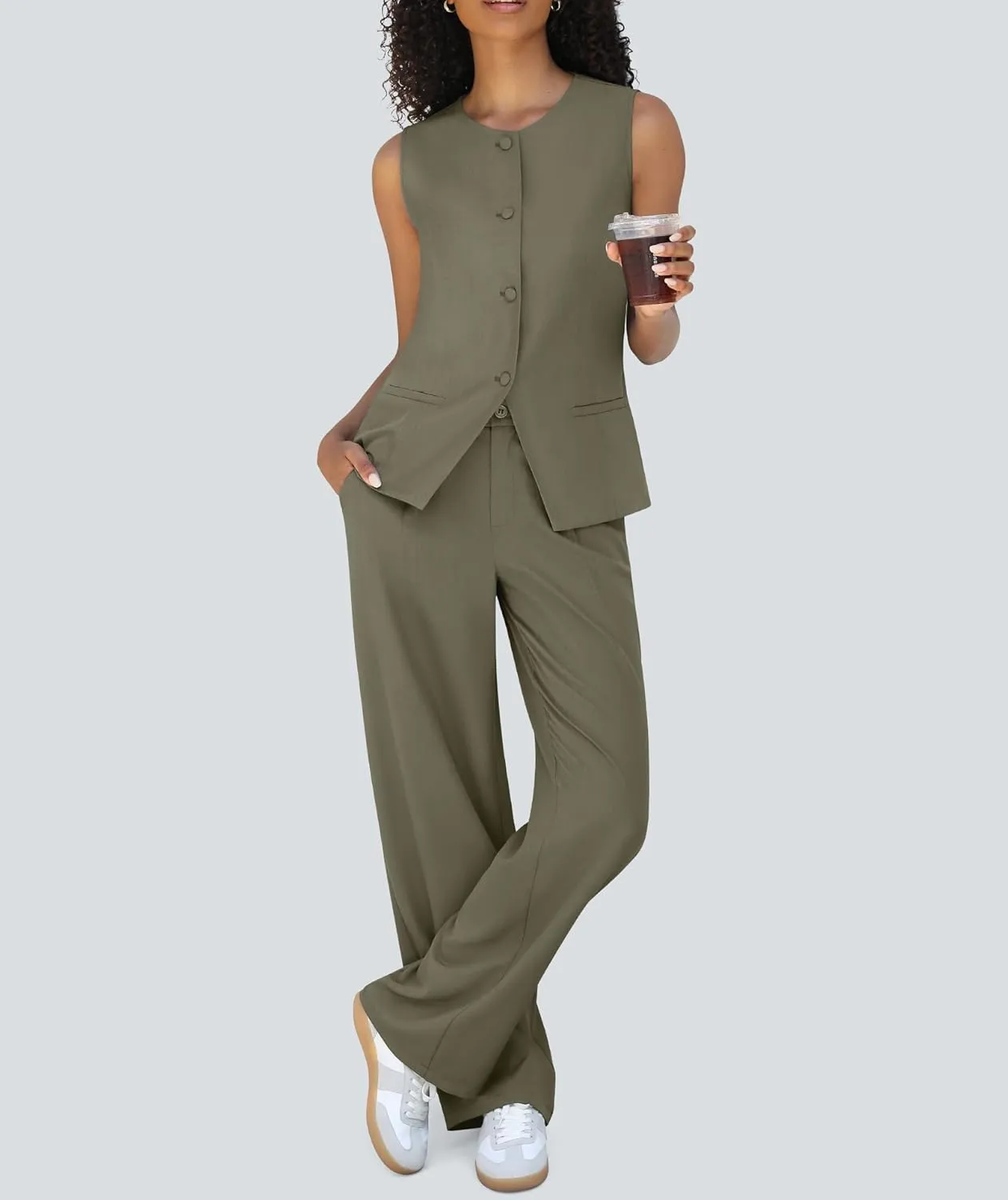 Women's 2 Piece Blazer Outfits Sleeveless Crewneck Vest Wide Leg Pantsuit 2025 Dressy Casual Work Sets