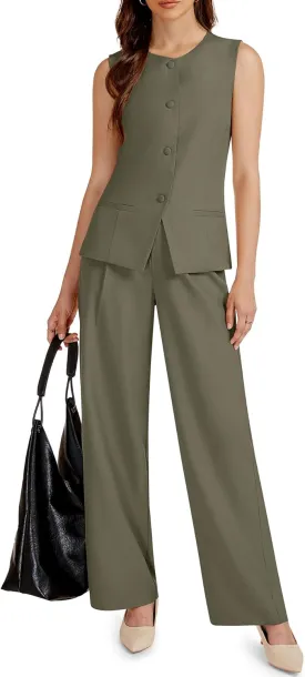 Women's 2 Piece Blazer Outfits Sleeveless Crewneck Vest Wide Leg Pantsuit 2025 Dressy Casual Work Sets