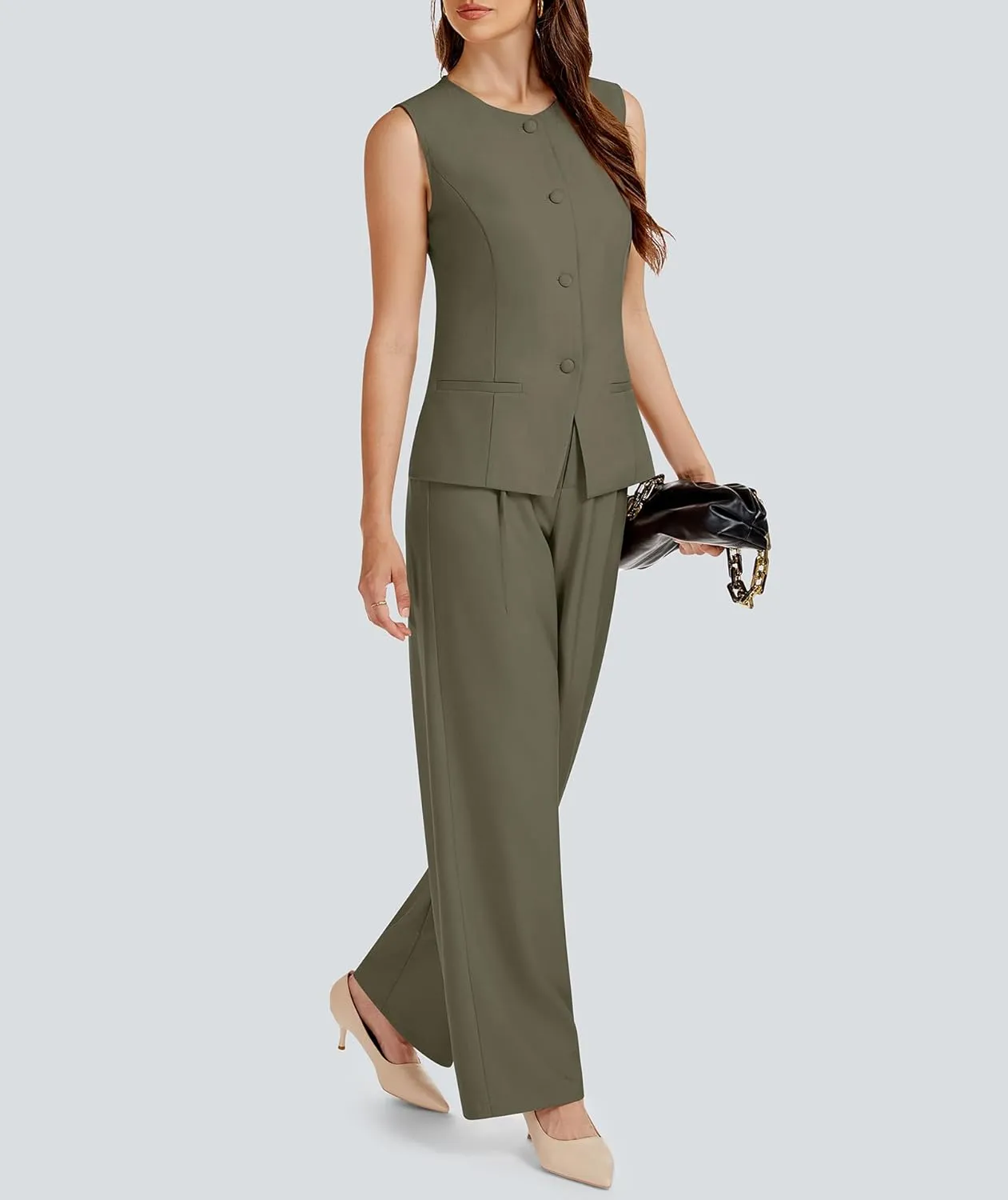 Women's 2 Piece Blazer Outfits Sleeveless Crewneck Vest Wide Leg Pantsuit 2025 Dressy Casual Work Sets