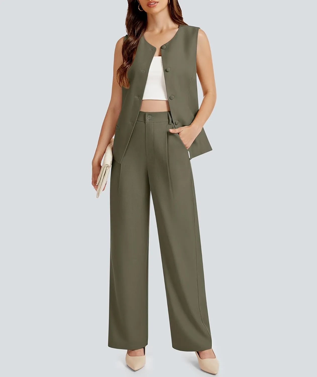 Women's 2 Piece Blazer Outfits Sleeveless Crewneck Vest Wide Leg Pantsuit 2025 Dressy Casual Work Sets
