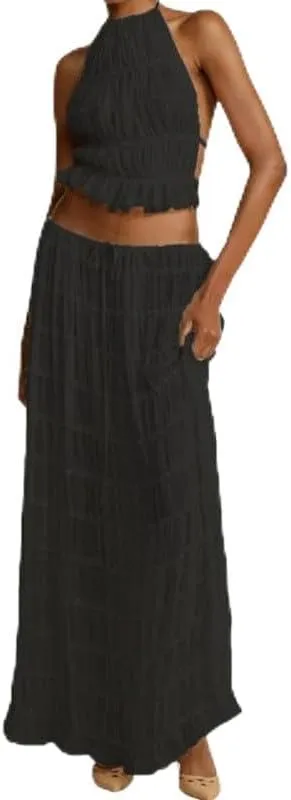 Womens 2 Piece Maxi Skirt Set Lace Up Sleeveless Tank Top and Flowy Long Skirt 2024 Summer Beach Outfits