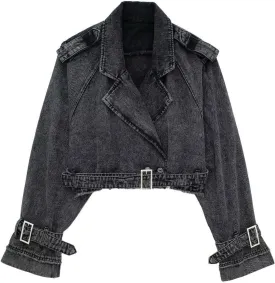Women's Casual Lapel Short Denim Trench Jacket Cropped Pea Coat Crop Long Sleeve Jean Jackets Coats Outwear with Belt