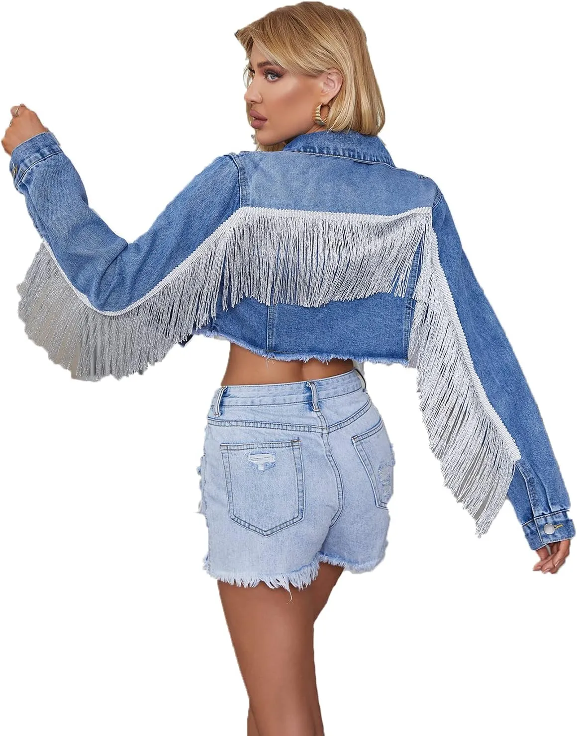 Womens Crop Denim Jacket Tassel Casual Jean Coat With Fringe