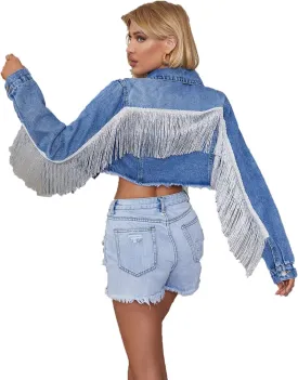 Womens Crop Denim Jacket Tassel Casual Jean Coat With Fringe