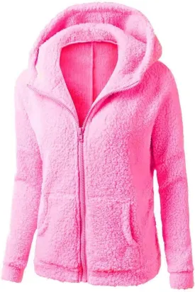 Women's Girls' Sherpa Jacket Zip Up Hoodie Fuzzy Coat with Zipper Pockets Lightweight Fleece Lined Warm Winter Coats