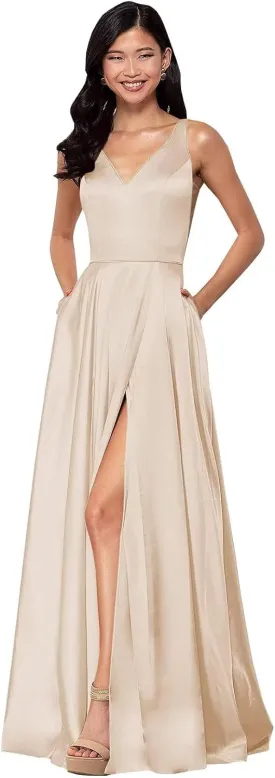 Women's Long A-Line Satin Prom Dresses High Slit V-Neck Backless Formal Party Evening Ball Gowns with Pockets
