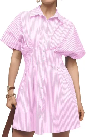 Womens Summer Short Sleeve Button Front Pleated Shirt Dress Collar V Neck Striped Casual Y2k Swing Short Mini Dress