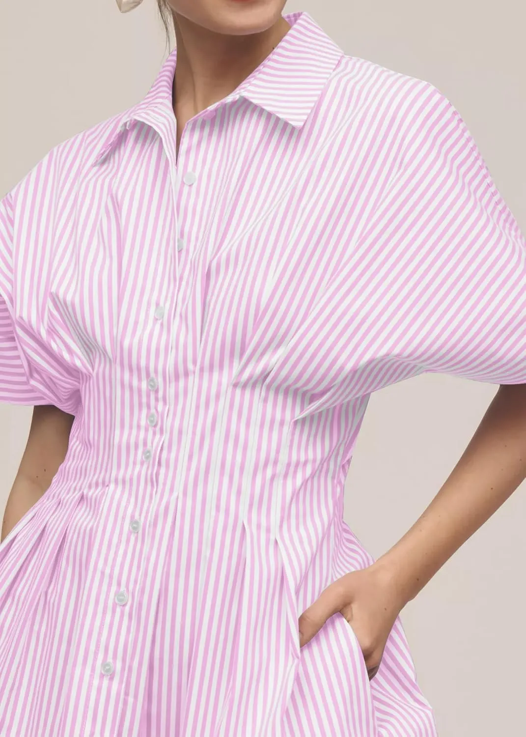 Womens Summer Short Sleeve Button Front Pleated Shirt Dress Collar V Neck Striped Casual Y2k Swing Short Mini Dress