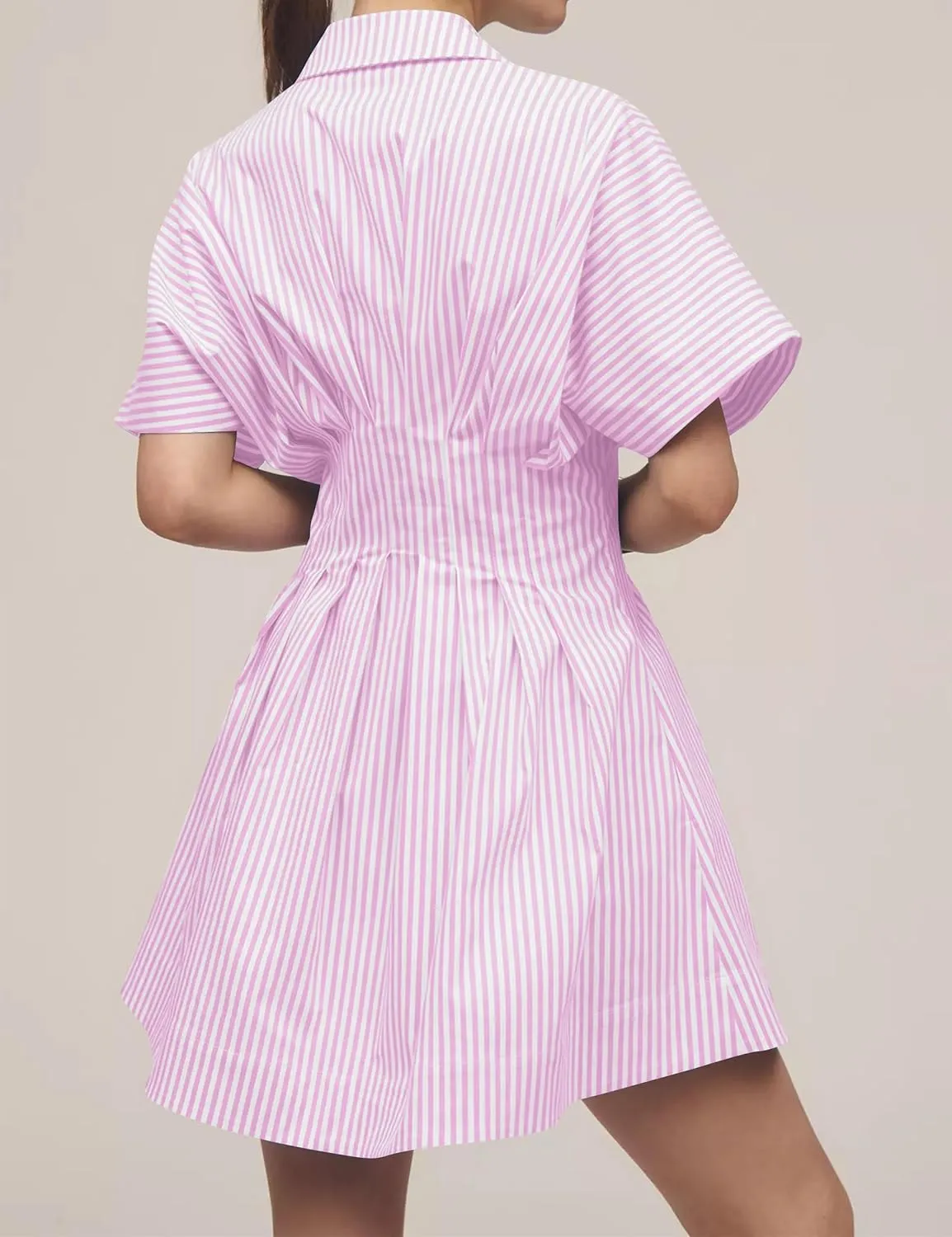 Womens Summer Short Sleeve Button Front Pleated Shirt Dress Collar V Neck Striped Casual Y2k Swing Short Mini Dress