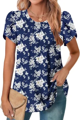 Zeagoo Womens Tops Petal Short Sleeve Summer Casual Dressy Shirts Floral Solid Blouse Pleated Tunics S-XXL