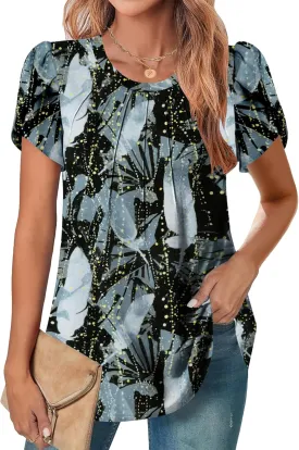 Zeagoo Womens Tops Petal Short Sleeve Summer Casual Dressy Shirts Floral Solid Blouse Pleated Tunics S-XXL
