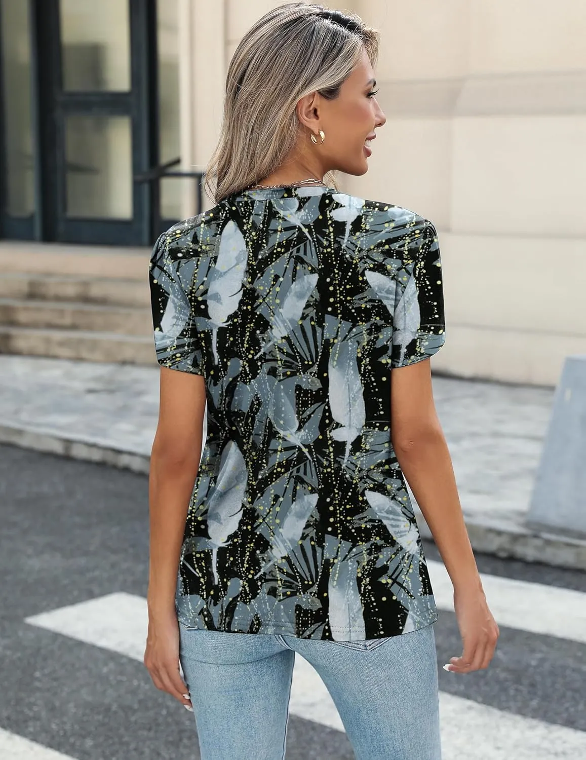 Zeagoo Womens Tops Petal Short Sleeve Summer Casual Dressy Shirts Floral Solid Blouse Pleated Tunics S-XXL