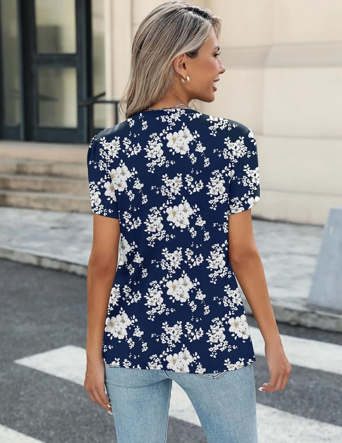 Zeagoo Womens Tops Petal Short Sleeve Summer Casual Dressy Shirts Floral Solid Blouse Pleated Tunics S-XXL