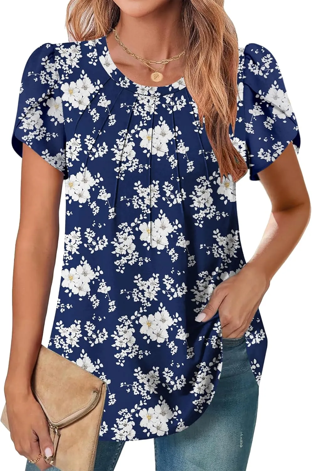 Zeagoo Womens Tops Petal Short Sleeve Summer Casual Dressy Shirts Floral Solid Blouse Pleated Tunics S-XXL