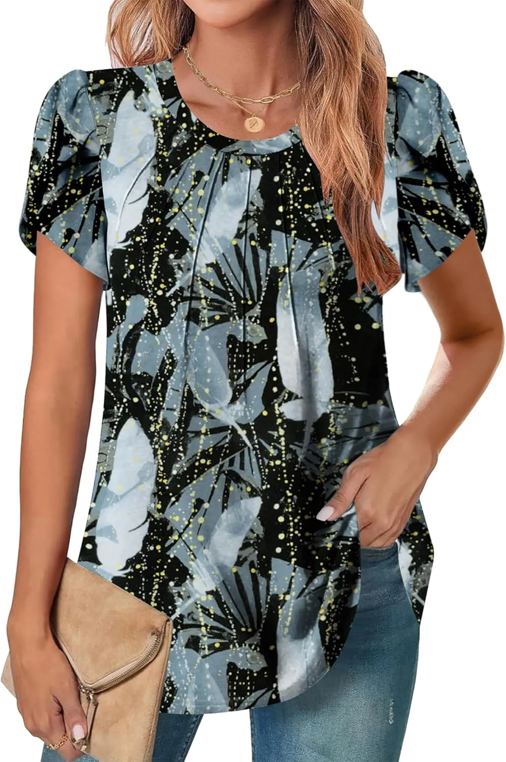 Zeagoo Womens Tops Petal Short Sleeve Summer Casual Dressy Shirts Floral Solid Blouse Pleated Tunics S-XXL