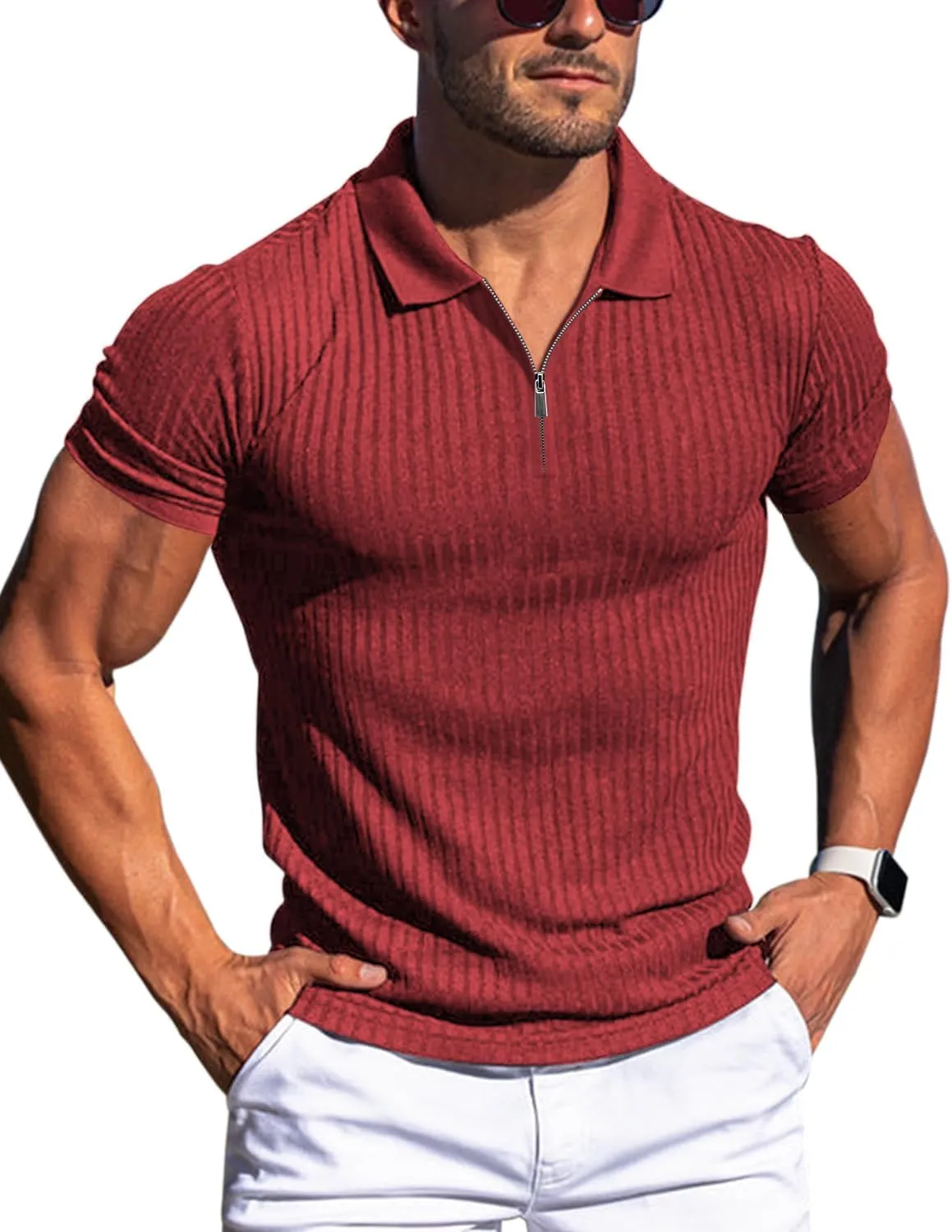 Zipper Muscle Polo Shirts for Men Slim Fit Short Sleeve Cotton Ribbed Knit Golf Shirt