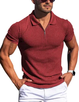 Zipper Muscle Polo Shirts for Men Slim Fit Short Sleeve Cotton Ribbed Knit Golf Shirt